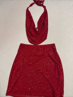 SHEIN Red Halter Crop Top with Sparkle Dots